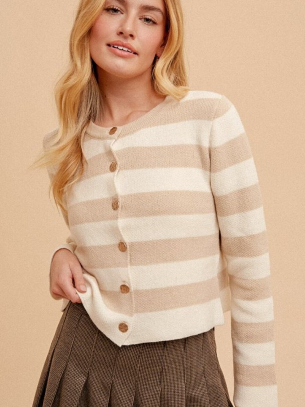 NWT Hem & Thread Striped Crew Neck Button Down Cardigan in Taupe/Cream - (S/M/L)